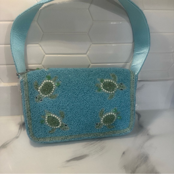 Beaded Turtle Embellished Shoulder Bag in Aqua - Picture 2 of 2
